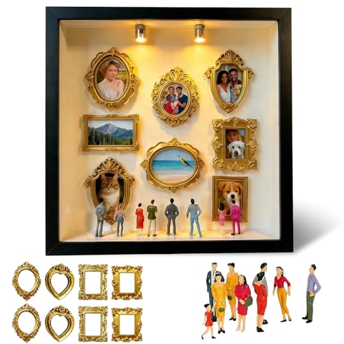 Mini muzeum "zrób to sam", małe ramki muzealne z 8 mini złotymi ramkami i 8 przypadkowymi figurkami, kreatywna ramka na zdjęcia ze światłem LED, dekoracja domu, rocznica, ślub, urodziny (czarne)