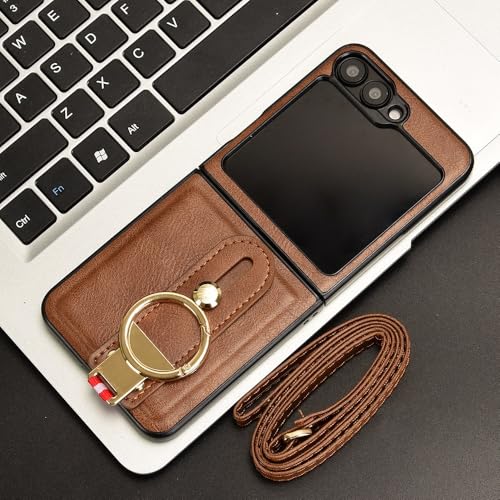 Image of Flip Cover for Samsung Galaxy Z Flip 6 5G, Leather Shockproof Polycarbonate Case (Ring Case, Pack of: 1) (Brown)