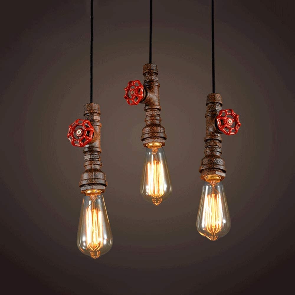 Lámpara de techo industrial retro con tres cabezas colgantes steampunk de metal negro
