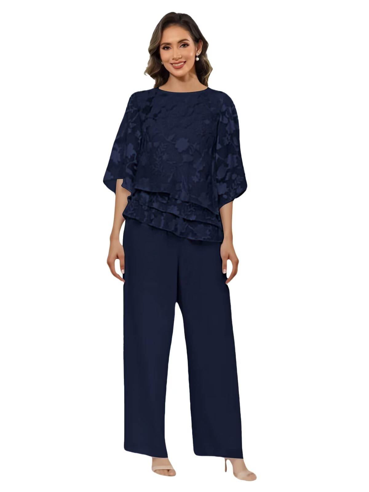 Plus Size Floral Navy Blue Mother of The Bride Pant Suits for Women 2 Piece Half Sleeve Formal