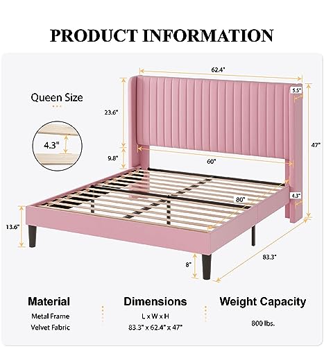 Image of SHA CERLIN Queen Size Velvet Bed Frame, Tufted Wingback Headboard, Pink | 47'' Modern Vertical Channel Headboard, Upholstered Platform Bed, Wood Slats, No Box Spring Needed, Easy Assembly, Noise Free