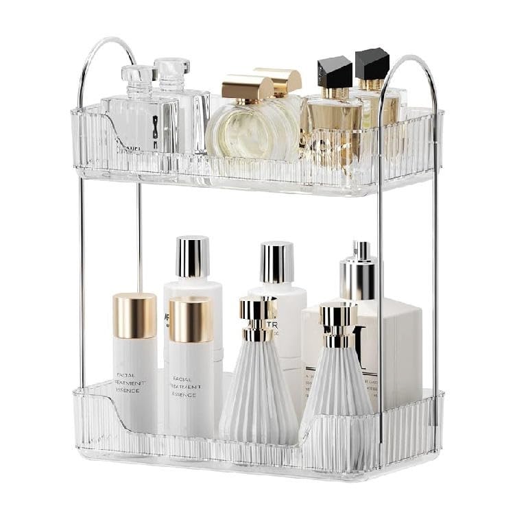 Xacton Transparent Makeup Organizer | Two-Tier Vanity Storage Rack | Multipurpose Cosmetic Holder with Metal Frame | for Dressing Table, Skincare, Perfume, Toiletries & Bathroom Countertop-image-34