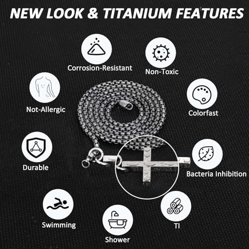 SanThree 3mm Pure Titanium Cross Necklace for Men Women Square Box Rolo Chain, Skin Friendly Solid Round Link Rolo Chain for Birthday Valentines Graduation Gifts, 23.62 Inches2