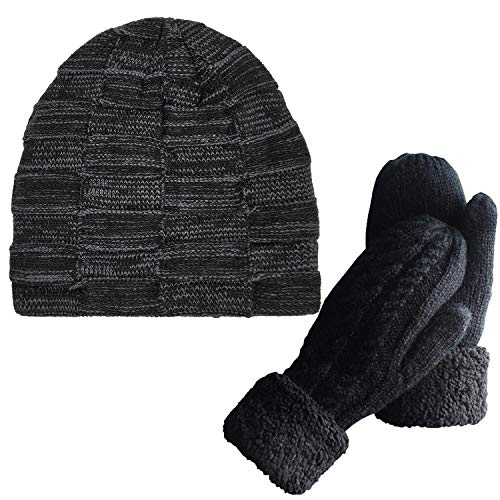 Women's Winter Gloves Warm Lining Mittens- Cozy Wool Knit Thick Gloves Novelty Mittens Winter Cold Weather Accessories (black+black beanie)