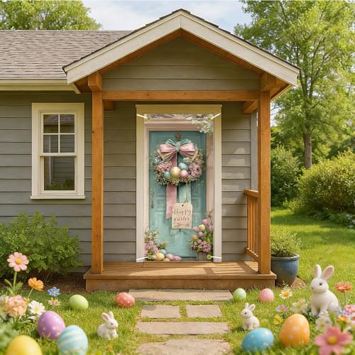 Image of Easter Door Cover 35.43 x 70.87 Inch Pastel Ribbon Wreath with Decorative Eggs Vintage Door Scene and Spring Florals Ideal for Seasonal Holiday Entryway Decoration