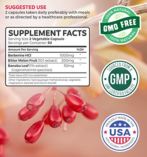 Berberine HCL 500mg (Non-GMO & Vegetarian) Plus Bitter Melon & Banaba Leaf - Blood Sugar Support Supplement & AMPK Metabolic Activator - 60 Capsules - No Pills