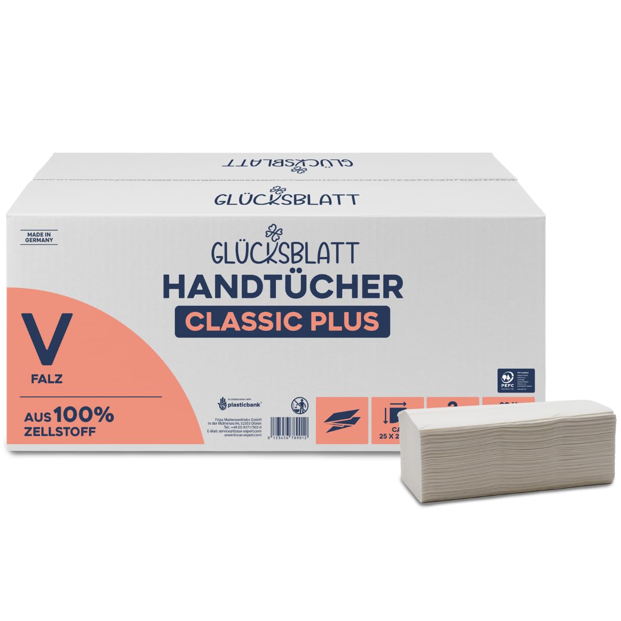 Glücksblatt Papierhandtücher, 3000 Blatt, 2-lagig, 25x23cm, V-Falz, Falthandtücher aus 100% Zellstoff, hochwertige Handtücher, für Spender geeignet, weißes Handtuchpapier, Einmalhandtücher
