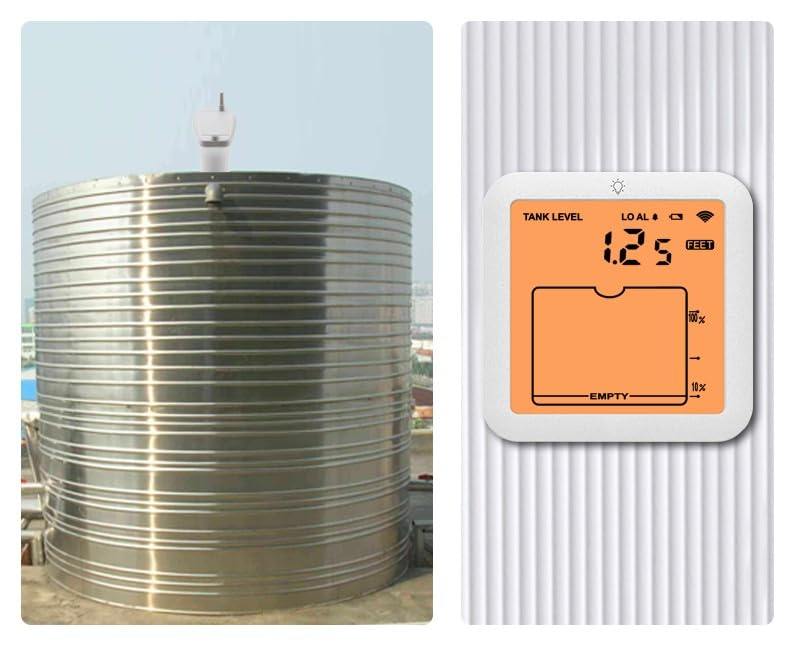 Monitor digitale del livello dell'acqua con display retroilluminato, wireless per indicatore di livello del serbatoio 1-5 m per portata, sistema di allarme alto/basso, sicurezza domestica e
