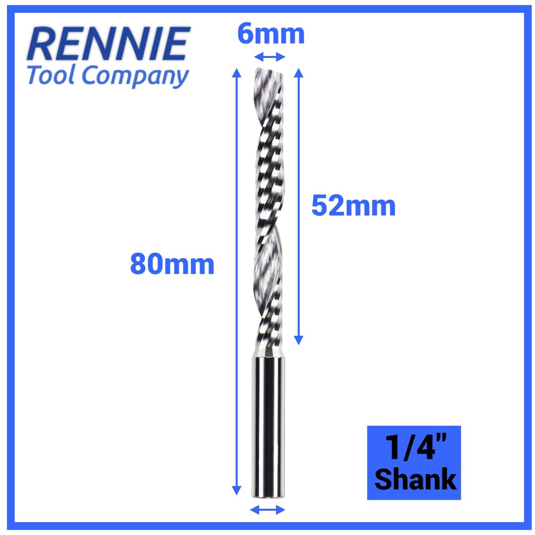 Rennie Tools 6mm x 52mm Flute x 1/4" Shank Solid Carbide Single Flute Spiral Router Cutter Bit End Mill for ACM Aluminium - Image 2