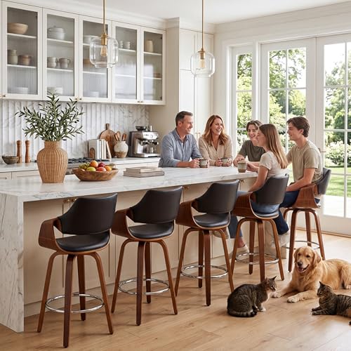 Image of HNY 26'' Modern Barrel Swivel Counter Stools Counter Height Swivel Bar Stools with Backs Set of 4, Black Faux Leather Bar Height stools, Farmhouse Solid Wood Barstools for Kitchen Island, Home Bar