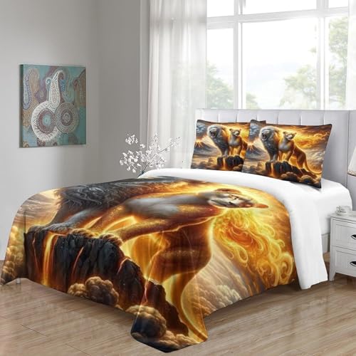 Housse de couette lion 3D animaux, parure de lit microfibre 200x200 avec fermeture éclair