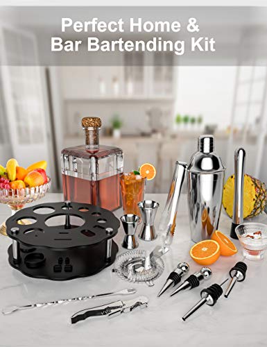 Bokhot Bartender Kit, 14 Piece Cocktail Shaker Set Stainless Steel Bar Tools With Rotating Stand, 25 Oz Shaker Tins, Jigger, Spoon, Pourers, Muddler, Strainer, Tongs, Bottle Stoppers, Opener, Recipes #TOP3