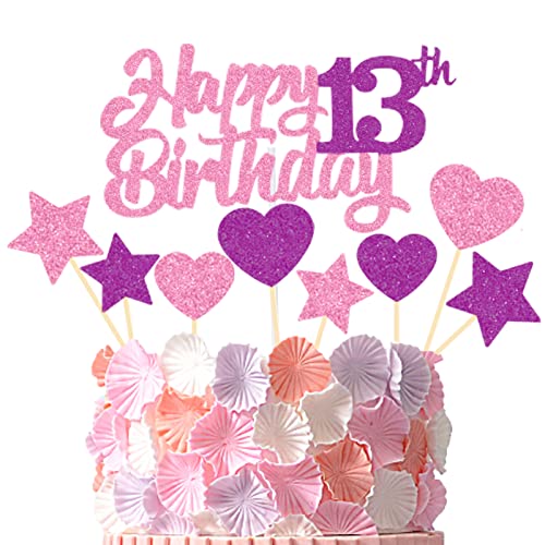 13 años Adornos Tarta Cumpleaños Happy 13th Birthday Cake Topper Decoracion 13 años con Toppers de Tartas en Forma Estrella Corazón Decoración Tarta Cumpleaños Brillante de Pastel Rosa Cover