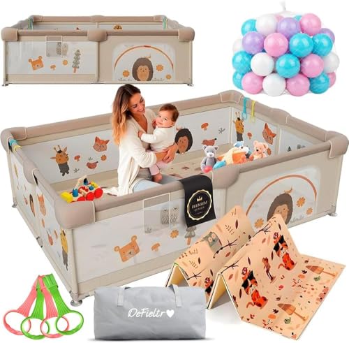 DeFieltro Parque Infantil Bebe 120x120 [COMPACTO] - El 'Gimnasio Seguro' para Pisos Urbanos - Corralito Antivuelco con Base de Succión + Alfombra Acolchada y 60 Bolas - Montaje Rápido Click-Lock