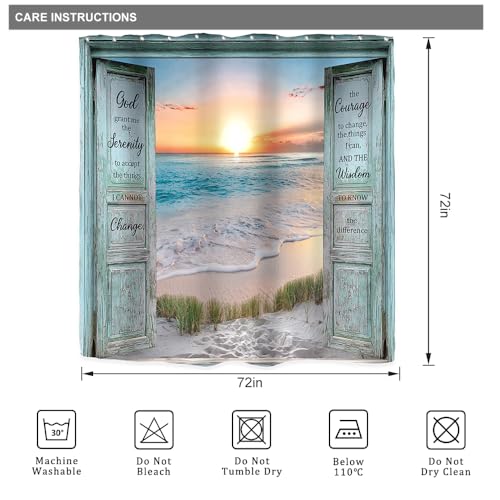 Riyidecor Inspirational Quote Shower Curtain for Bathroom Decor 72Wx72H Ocean Beach Teal Barn Door Hawaiian Sunset Scenery Sea Wave Rustic Art Printed Fabric Polyester Waterproof 12 Pack Plastic Hooks - Image 5