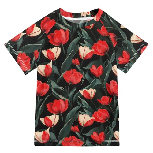 ALAZA Kids Rash Guard Girls Toddler Swim Shirts Short Sleeve Tulip Black Red UPF 50+ 3T