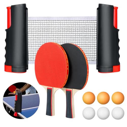 Flintronic Conjuntos de pingue-pongue, conjunto de raquetes de ténis de mesa profissionais, 2 raquetes de ping pongue, 6 bolas, 1 rede retrátil, 1 bolsa de armazenamento, para exterior e casa