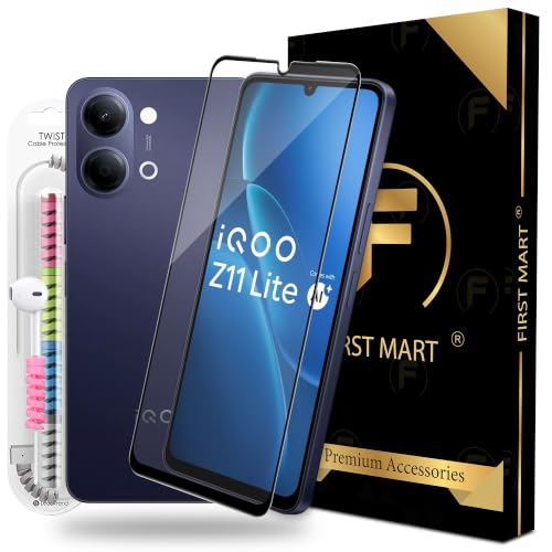 Image of FIRST MART Tempered Glass for iQOO Z11 Lite, 9H 0.3 mm Full-Glue Screen Protector with Cable Protector, HD Clear, 3D Edge-to-Edge, Case-Friendly, Black, Pack of 1