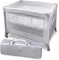 Berço Portátil Infantil Multifuncional Cercado com Mosquiteiro e Abertura Lateral (Cinza)