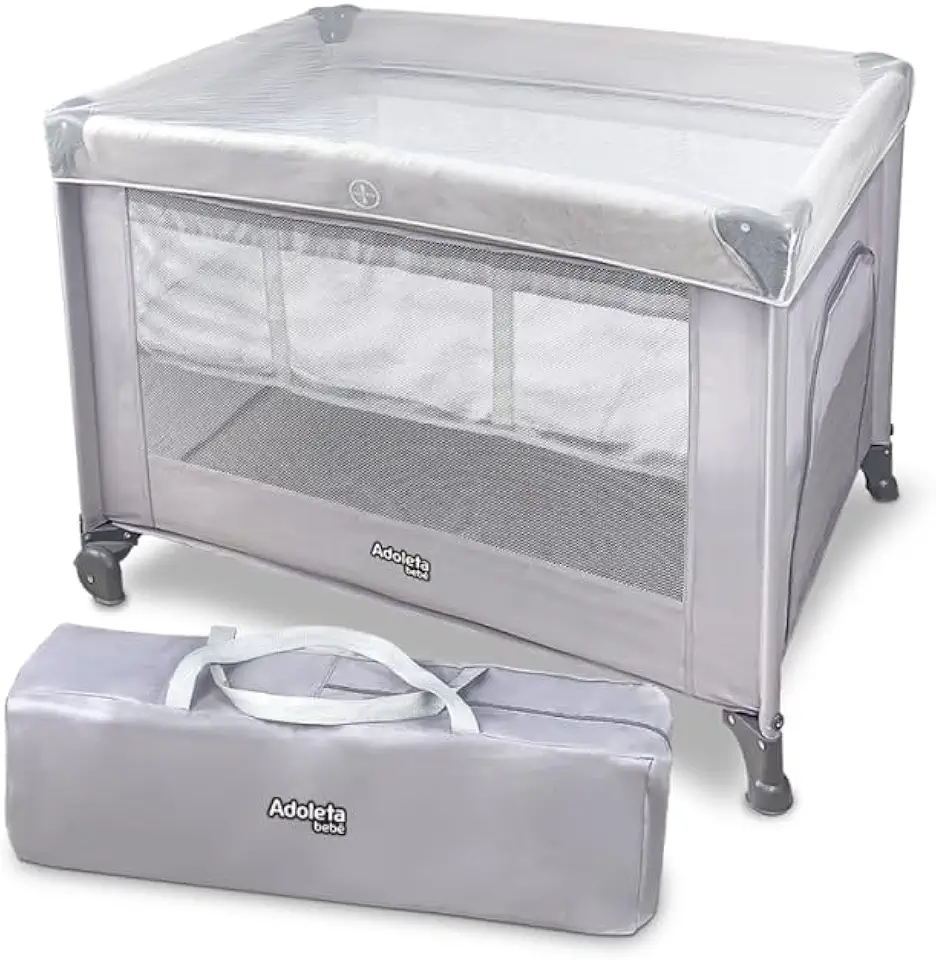 Berço Portátil Infantil Multifuncional Cercado com Mosquiteiro e Abertura Lateral (Cinza)