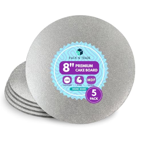 Pack N Trade 8 Inch Round Cake Boards Pack of 5 Double Thick 3mm Cardboard Foil-Finished Both Sides Reusable & Sturdy Cake Base for Baking Decorating and Display