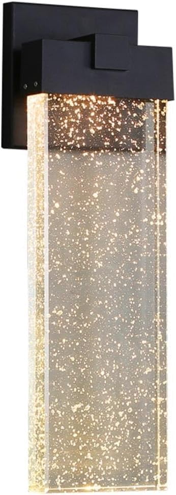 Aplique de Pared Rectangular de Cristal con Burbujas para Exteriores, Montaje en Pared, luz LED con Acabado Negro Mate para Porche, balcón y Patio.