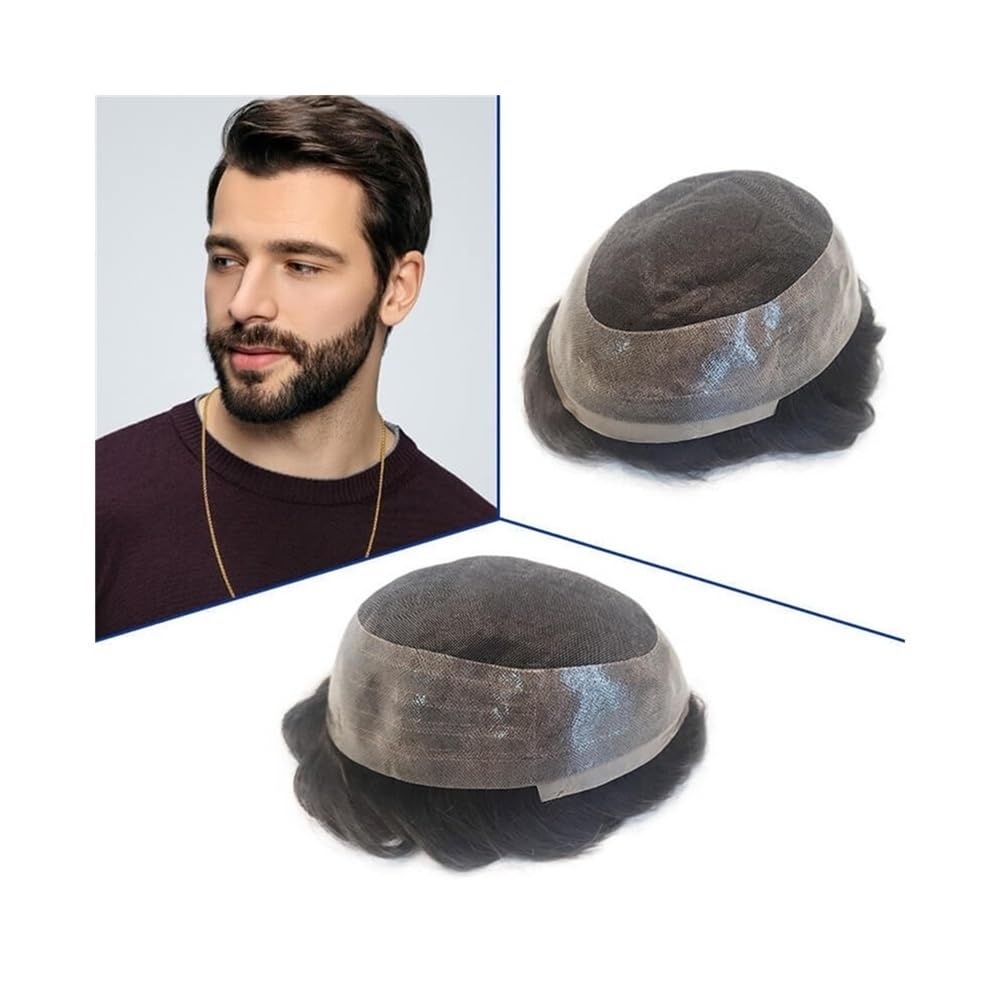 Men's Toupee Protesi capillare in capelli umani naturali, toupee traspirante, mono superiore fine con PU intorno, da uomo(6x9)