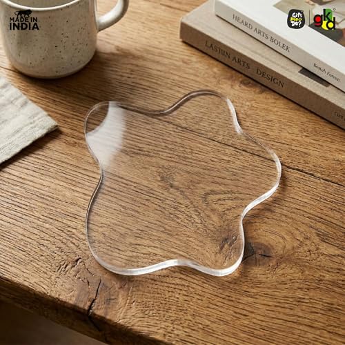 Image of GKD White Acrylic Coaster Blossom Star Design for Coffee Mug, Tea Cup & Glass (6 x 5.5 inch) Modern Table Decor Waterproof Heat Resistant (Transparent)