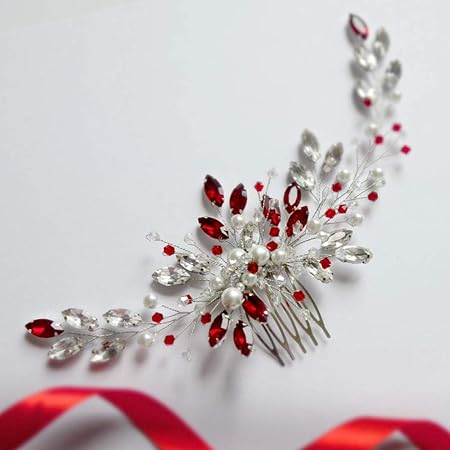 Aimimier Bridal Red Crystal Hair Comb 