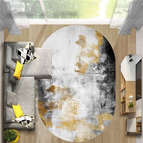 Tapis jaune noir gris lavable de forme ovale abstrait - 2