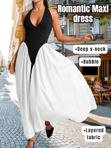 Image of ChiaoLezhee Deep V Neck Dress, Halter Maxi Dresses, Vacation Date Night, Sexy for Women Corset Flowy Wedding Guest Drop Waist