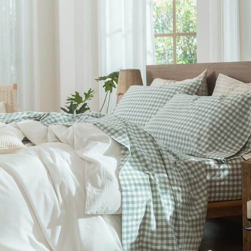 Image of MooMee Gingham Sheet Set 100% Washed Cotton Linen Like Textured Breathable Soft w /Fully Elasticized 16-19 inch Deep Pocket (Classic Gingham Sage Green, Queen)