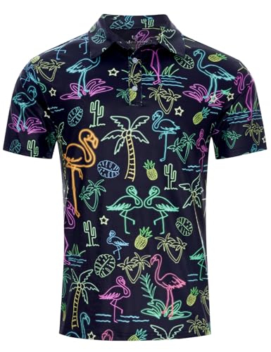 uideazone Mens Funny Polo Shirts Fit Slim Casual Golf Shirt Neon Flamingo Printed Short Sleeve