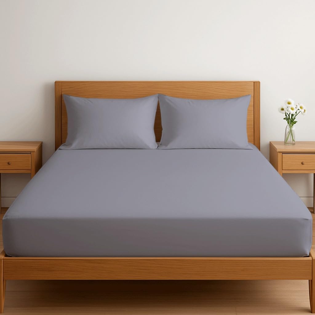 Dreema Novexa 3 Piece Egyptian Cotton Double Size Fitted Sheets 400 Thread Count 3PCS Deep Fitted Sheet Set with 2 Pillowcase Hotel Quality Bed Sheet Luxury Ultra Soft Bottom Silver Fitted Bedsheets