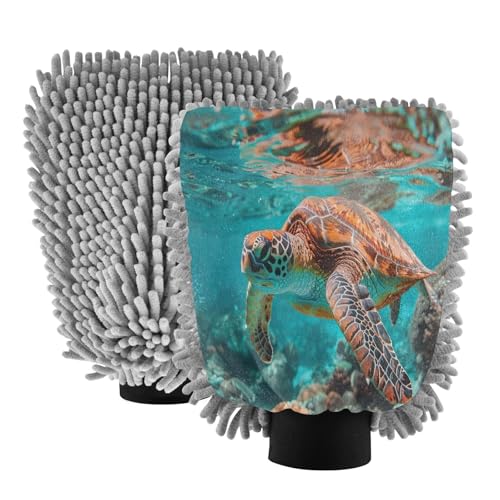 Hezely Underwater Turtle Car Wash Mitt, 2PK Scratch Free Lint-Free for Car Washing and Detailing