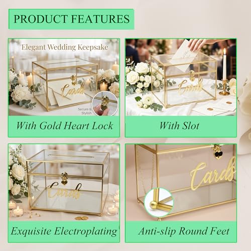 Image of Wedding Card Box with Heart Lock, Large Metal Glass Card Box with Gold Frame for Party Reception, Wedding, Baby Showers, Birthdays, Bridal, or Graduation, 12x9.5x8.5 Inches