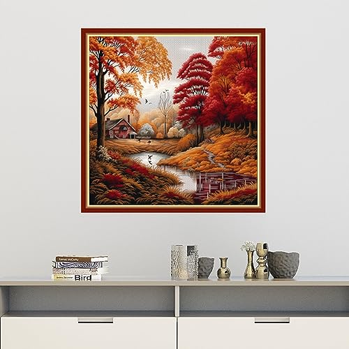 Image of Findvoor Stamped Cross Stitch Kits for Beginners Full Range of Cross Stitching Embroidery Pattern for Adults, 11CT DIY Needlepoint Embroidery Starter Kits-Late Autumn 17.7x17.7 inch