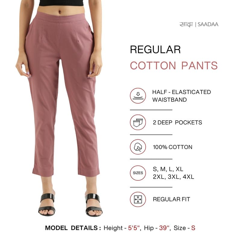 Image of SAADAA Women's Regular Fit Mid-Rise Cotton Pants | Half-Elasticated Waist | Comfortable Casual Trousers with 2 Pockets for Daily, Office & Travel Wear |