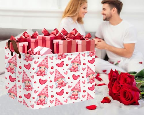 Image of Valentines Day Basket for Kids Heart Shaped Empty Storage Bins for Gifts with Handles Room Decor (Pink Girl Gnome Hug Love)