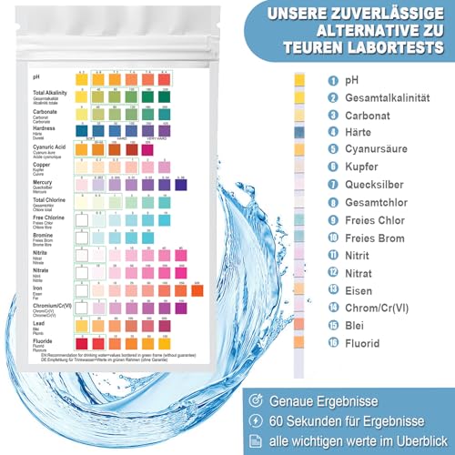 COZII Wassertester Trinkwasser 30 x 16 in1 Wasserteststreifen für Trinkwasser Schnelltest - Einfache Überprüfung der Wasserqualität - Wasserteststreifen mit Härte, Blei, Eisen, Kupfer