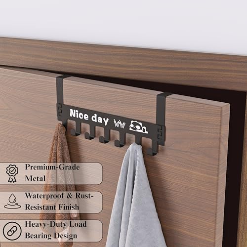 Image of Powder Coated Over the Door Hook Hanger | Heavy Duty No Drill 7 Hook Organizer | Space Saving Door Hanger for Bedroom, Bathroom, Kitchen & Home Storage - Black (Pack of 2)