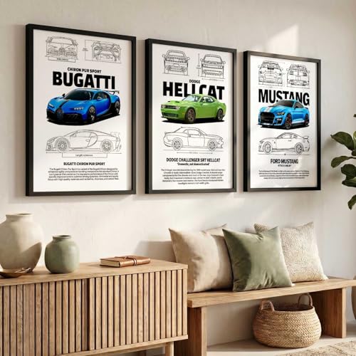 Image of walllane Big Bugatti Chiron, Dodge Hellcat, Ford Mustang Cars Framed Posters Gift Items for Boys Room Wall Decoration Bedroom Living Room Office Studio Decor | Car Poster Frame for Wall Decor Set Of 3 Size(10x13 inch), Framed)