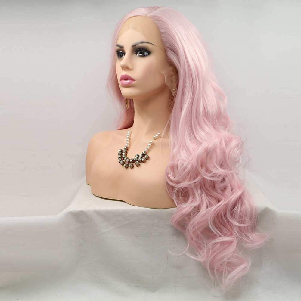 Xiweiya Long Wavy Pink Synthetic Lace Front Wig - Middle Part, Heat Resistant Fiber for Women Drag Queen - 24 Inch