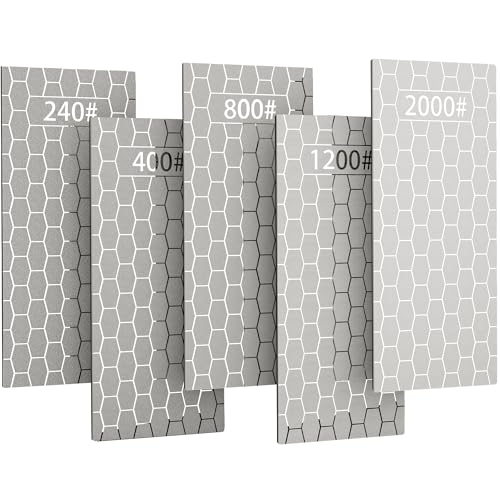 CWOVRS Diamant Schleifstein, 5er-Set Diamant Messerschärfer Honigwabenoberflächenplatte mit rutschfester Basis für Scherenmesser Werkzeuge im Freien von grob bis besonders fein 240/400/800/1200/2000#