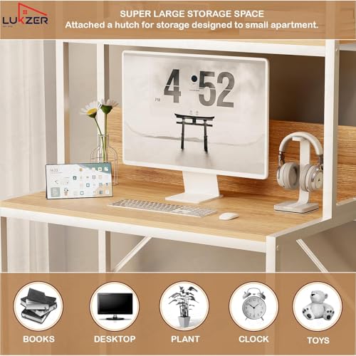 Image of Lukzer Study Table with 2-Tier Bookshelf | MST-006 /White & Light Oak | Metal & Engineered Wood Computer Desk for Home Office | Modern Space-Saving PC Workstation with Storage Shelves (147x84x50 cm)