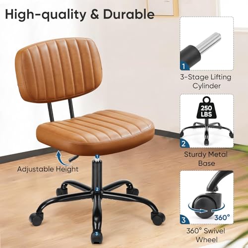 Image of DUMOS Armless Small Home Office Desk Chair - Vanity Task Chair with Low Back, Height Adjustable PU Leather Swivel with 360 Rolling Wheels, Vanity, Bedroom, Deep Brown