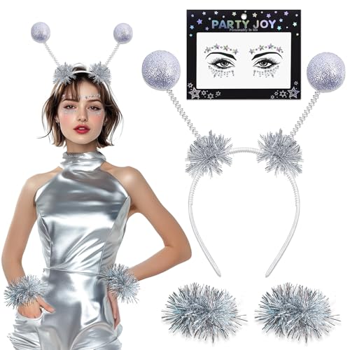 GluckGeschenk Alien Kostüm Damen, Alien Haarreif, Mit Gesichtsaufkleber und Armbänder, Weltall Kostüm Space Girl Kostüm Damen Karneval Accessoires, für Karneval Party, Damen & Herren