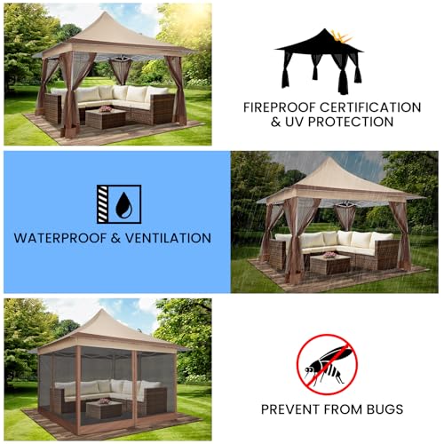 Image of COBIZI 12x12 Pop up Canopy Gazebo on Clearance, Outdoor Canopy Tent with Mosquito Netting & Sandbags,Patio Portable Gazebo for Garden,Backyard & Lawn,Khaki
