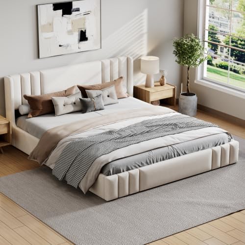 Image of Harper & Bright Designs King Size Low Platform Bed with Upholstered Headboard and Wooden Slats Support for Bedroom, Beige