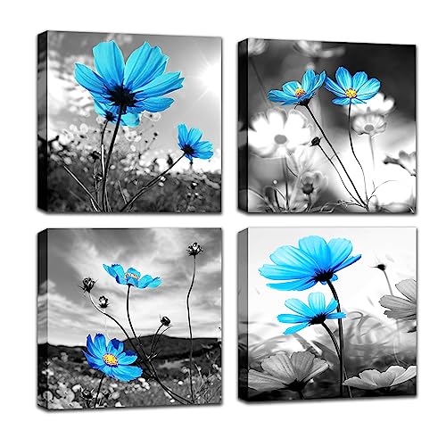 Blue Flower Canvas Wall Art - Beauty Daisy Wall Decor Gray Background Posters 4 Panels Framed Canvas Paintings Wall Decoration For Living Room Morden Artwork For Bedroon Bathroom Decor 12x12 inches